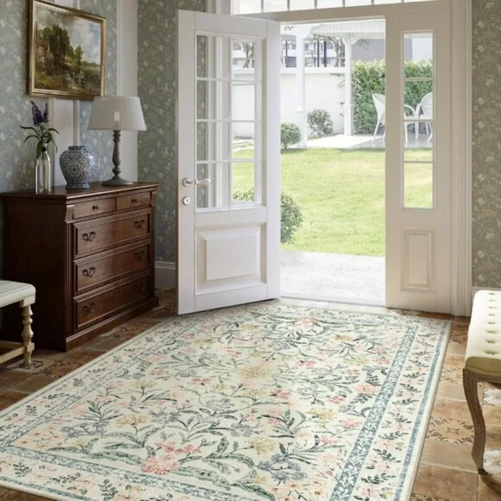 New 5x7 Beige Multi Boho Rug, Washable Non-Slip Vintage Floral Carpet for Home